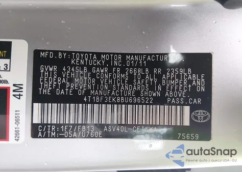 2011 Toyota Camry Le из США, поврежденный, VIN 4T1BF3EK8BU696522